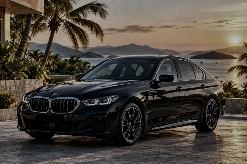 Un BMW 530e negro ante una villa al atardecer, con islas en la bahía al fondo